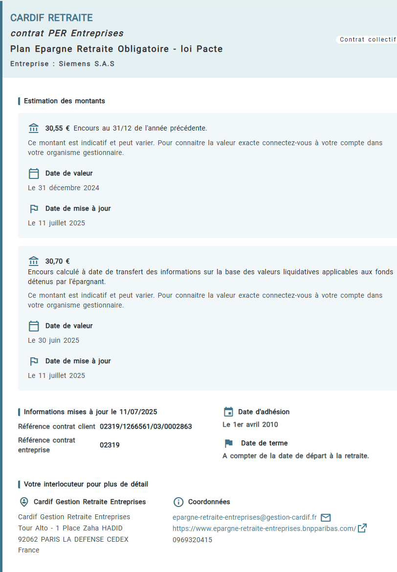 exemple contrat d'épargne retraite supplémentaire PER